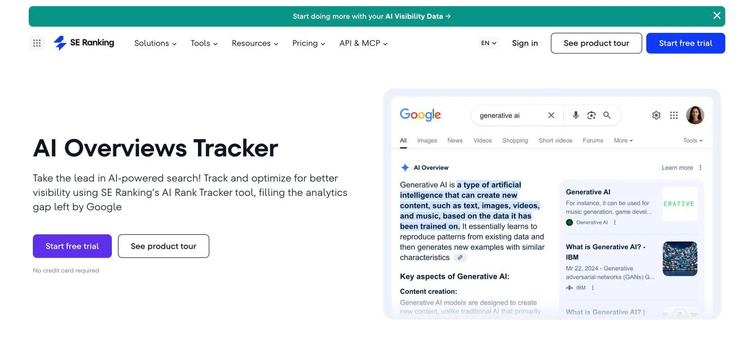 SE RankingのAI Overviews Trackerのページ