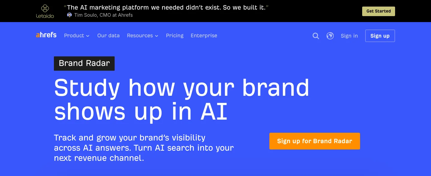 Ahrefs Brand Radarの紹介ページ