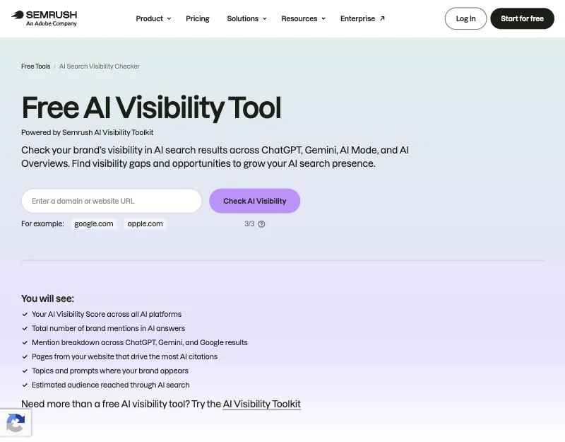 SemrushのAI Search Visibility Checkerの入力画面。ドメインまたはURLを入力して使う