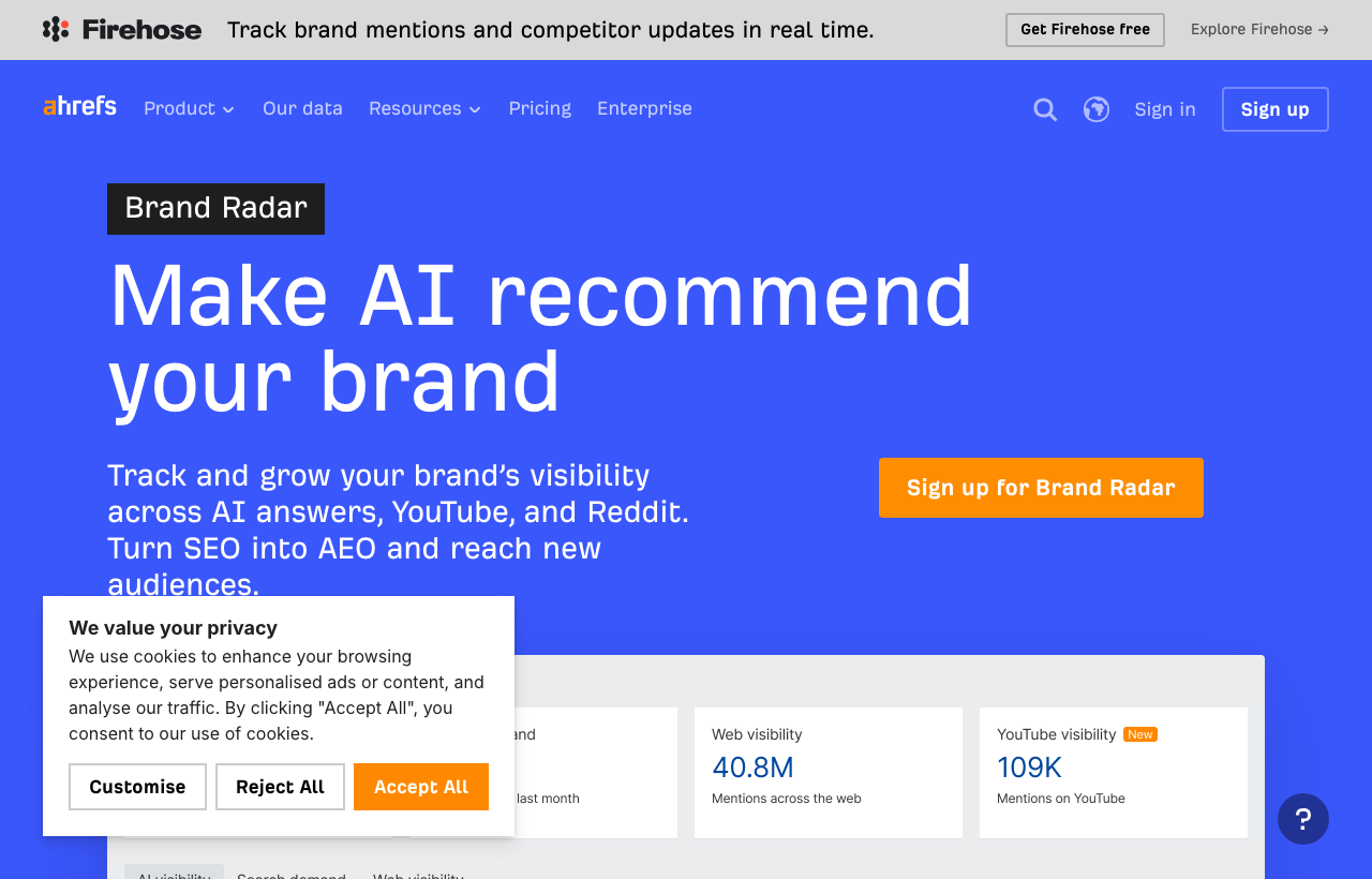 GEO対策ツール - Ahrefs Brand Radar 公式サイト(トップページ)