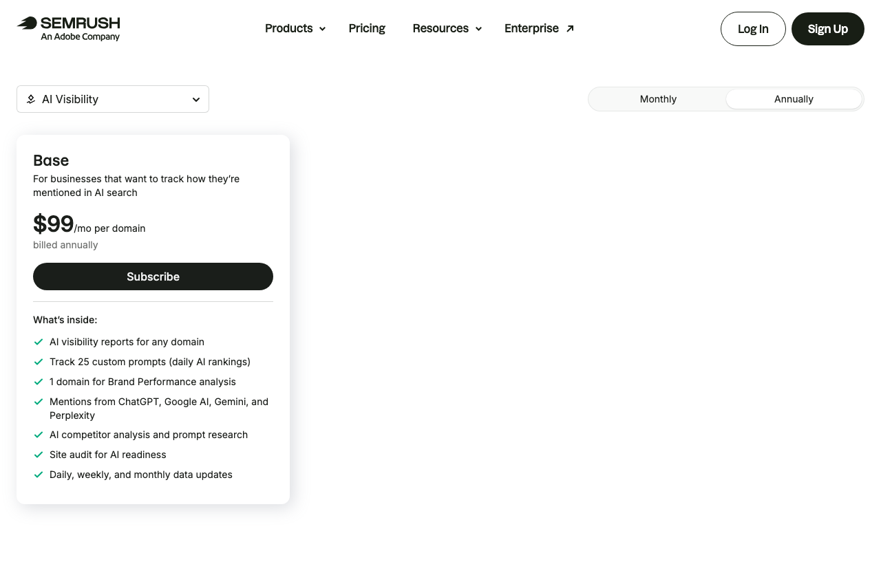 Semrush AI Visibility 公式サイト(料金ページ)