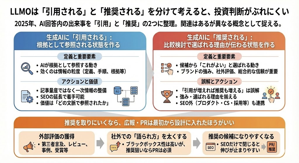 LLMOは「引用される」と「推奨される」を分けて考えると、投資判断がぶれにくい