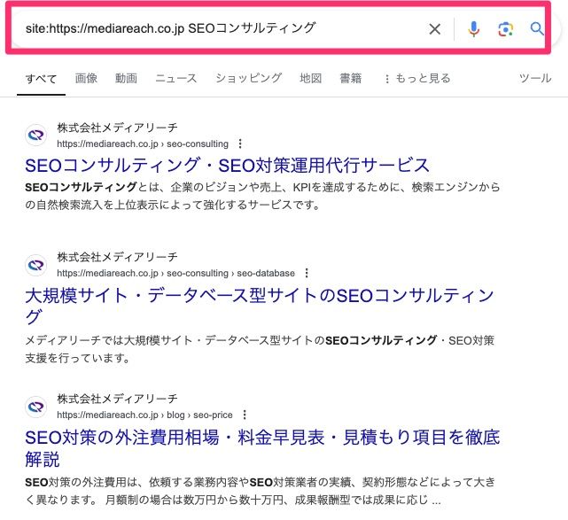 「site:example.com intext:"特定の文章"」