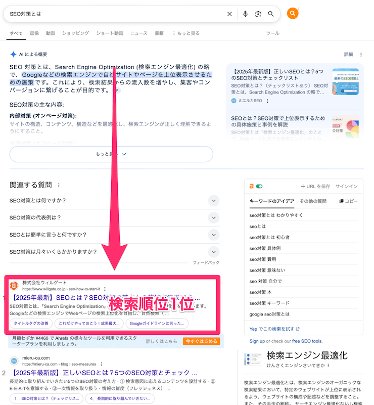 AI Overviewsの「SEO対策」のSERPs例