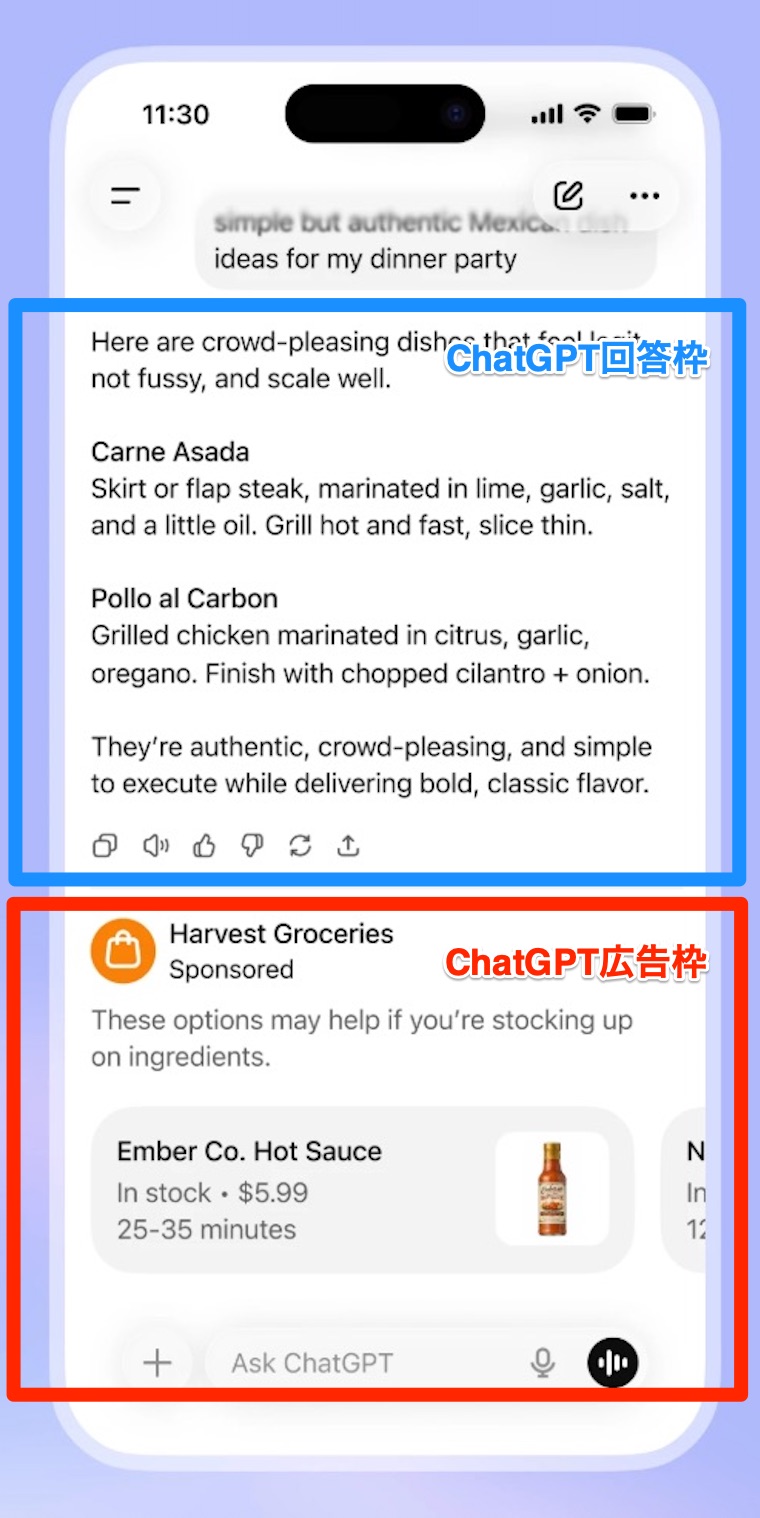 ChatgGPT広告枠:レシピ回答の直下に“スポンサー商品”カードが出る(商品カード型の例示)